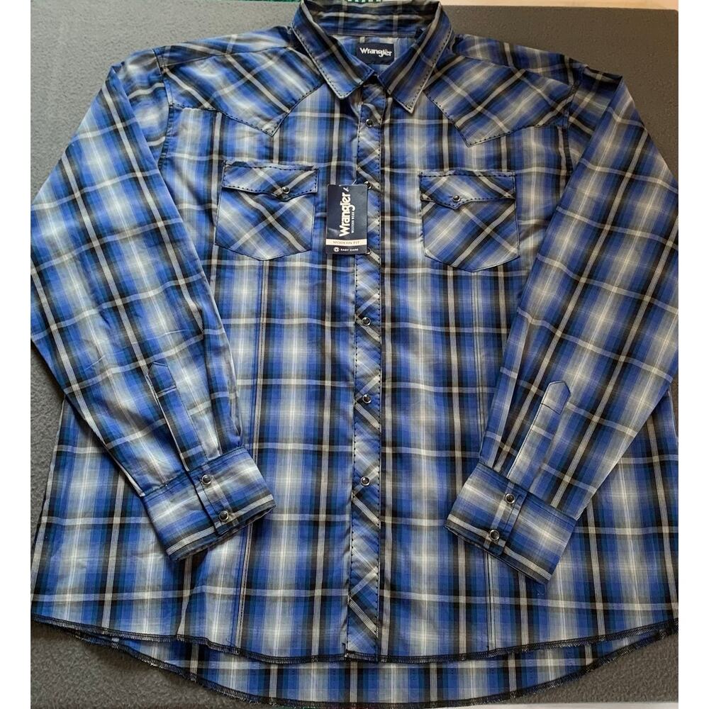 NWT Wrangler Western Pearl Snap Shirt Blue White Black Plaid 3X Big Lightweight